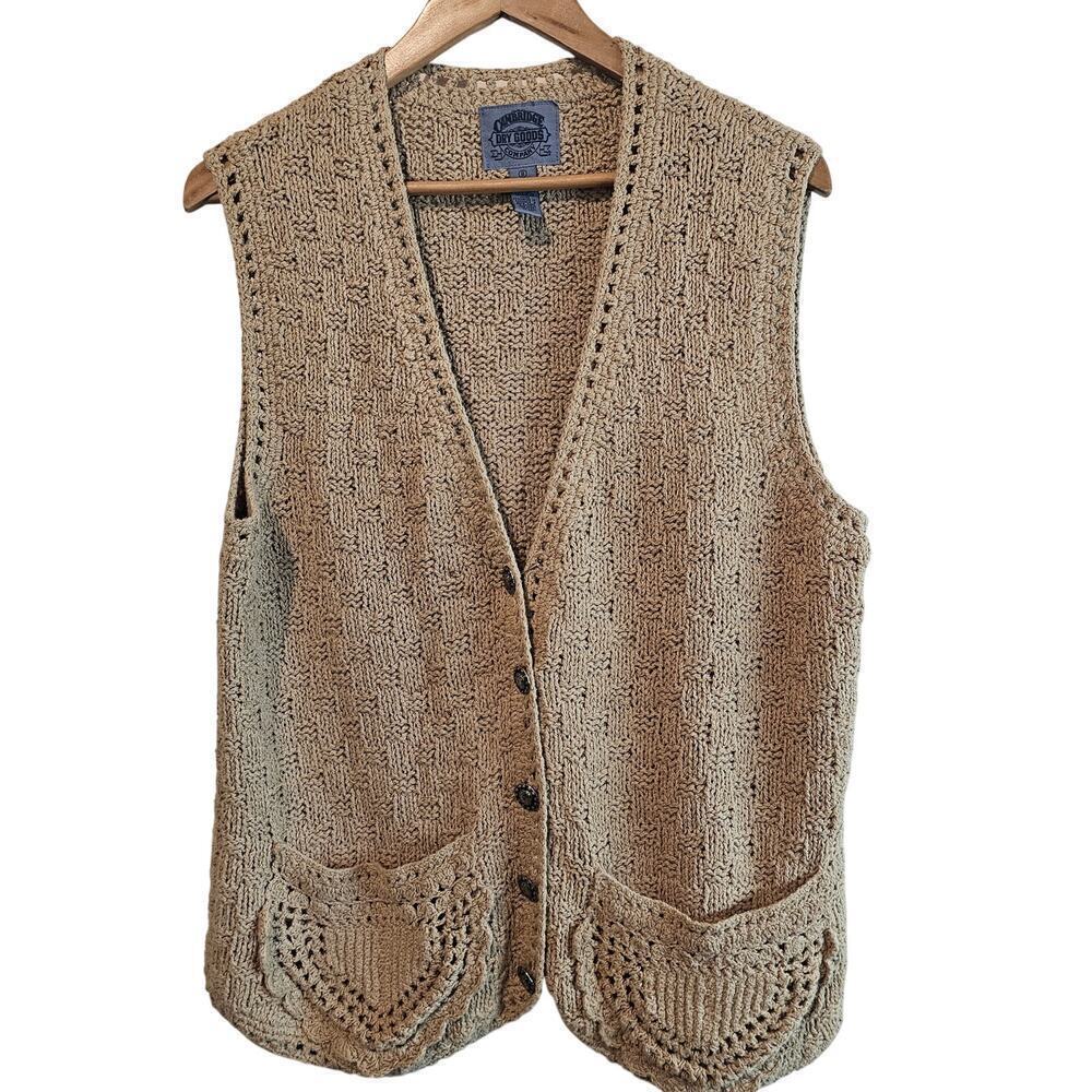 Vintage Cambridge Dry Goods Sweater Vest Women Lg Tan Floral 90s Crochet Cottage